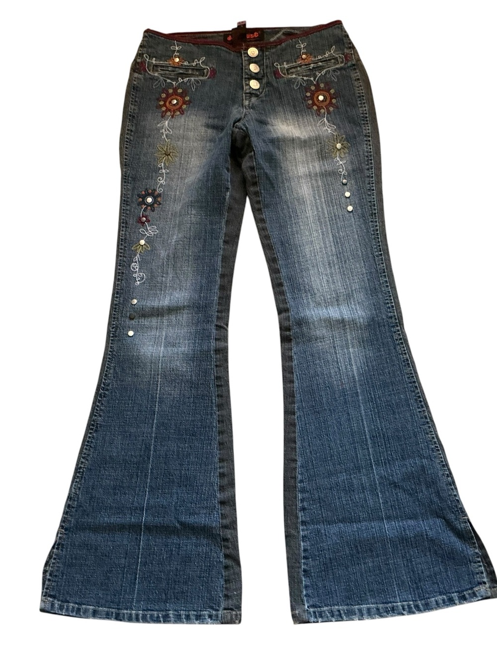 Vtg y2k low rise flare jeans embellished embroidered two toned blue and black